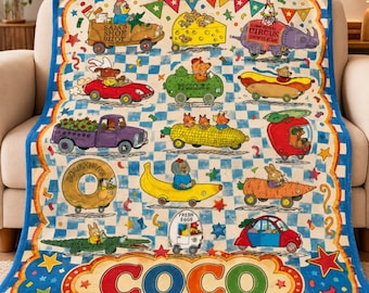 Richard Scarry Busy Town Blanket Custom Name Toddler Bedding Personalized Busytown Characters Cute Boys Room Decor Soft Fleece Car Blanket