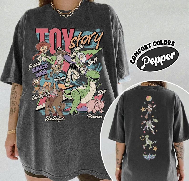 2 Side Toy Story 1995 Comfort Colors Shirt, Woody Buzz Lightyear Rex Tee, WDW Disneyland Family Vacation Matching Trip,Pixar Sci Fi Fan Gift image 1