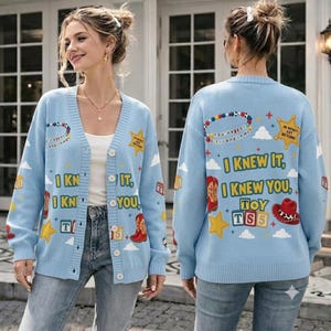 Retro Toy Story Land Knitted Cardigan,Disneyland Pixar Toy Story Sweater, Light Blue Knitted Sweater I Knew It I Knew You Cute Cloud Print image 1
