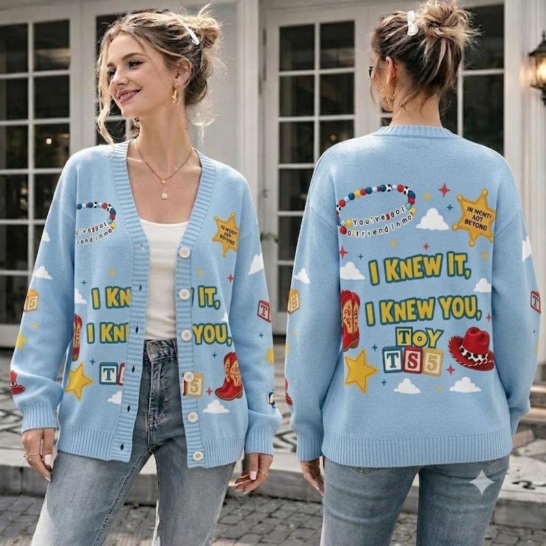 Retro Toy Story Land Knitted Cardigan,Disneyland Pixar Toy Story Sweater, Light Blue Knitted Sweater I Knew It I Knew You Cute Cloud Print image 1