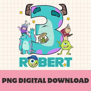 Puede incluir: Un gráfico digital con personajes de la película Monstruos S.A. El número 3 es de color turquesa con lunares morados, y el nombre "ROBERT" está debajo. La imagen incluye a Sulley, Mike Wazowski y Boo.
