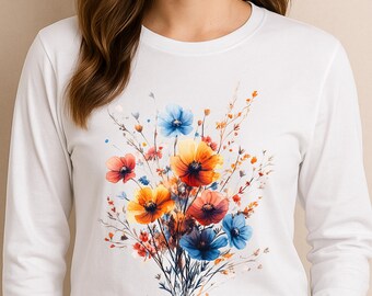 Shirt met lange mouwen aquarel bloemen, top wilde bloementuin, T-shirt botanische natuur, Bella Canvas 3501 unisex, shirt bloemen herfst