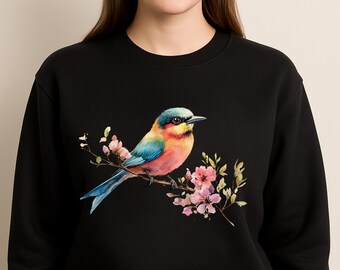 Watercolor Bird Sweatshirt, Cherry Blossom Crewneck, Floral Nature Shirt, Cozy Art Pullover, Birdwatcher Gift