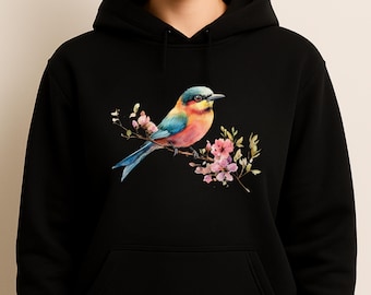 Watercolor Bird Hoodie, Floral Nature Pullover, Cherry Blossom Art Sweatshirt, Cozy Unisex Hoodie, Bird Lover Gift