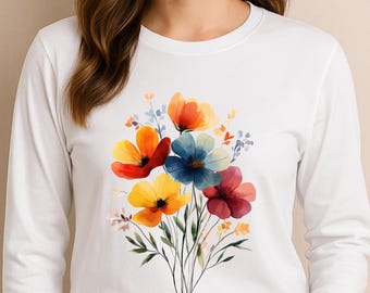 Shirt met lange mouwen met aquarelbloemen, top met wilde bloemen, T-shirt Botanical Garden, Bella Canvas 3501 unisex