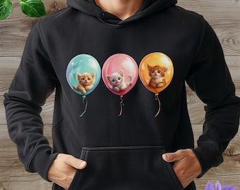 Kitten Balloon Hoodie, Pastel Cat Design, Cozy Cat Lover Sweatshirt
