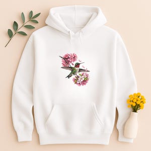Felpa con cappuccio con colibrì, uccello dalla gola rubino, acquerello, fiori di ciliegio, floreale, birdwatcher, primavera, giardino, amante della natura, regalo
