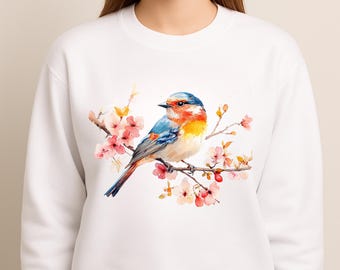 Watercolor Bird Sweatshirt, Bluebird and Floral Pullover, Spring Garden Crewneck, Cherry Blossom Nature Sweater, Cozy Birdwatching Gift