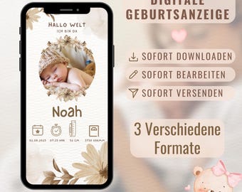 Plantilla de tarjeta de nacimiento digital | Sweet Beige | Plantilla de Canva para anunciar el nacimiento de un bebé | Tarjeta de nacimiento digital para editar y enviar por WhatsApp