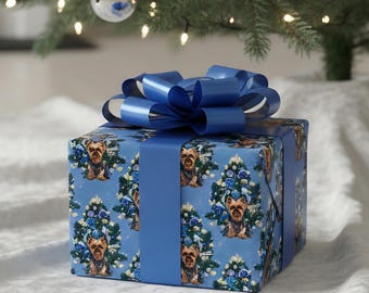 Blue Christmas Yorkshire Terrier Wrapping Paper, Yorkie Lover's Gift Wrap