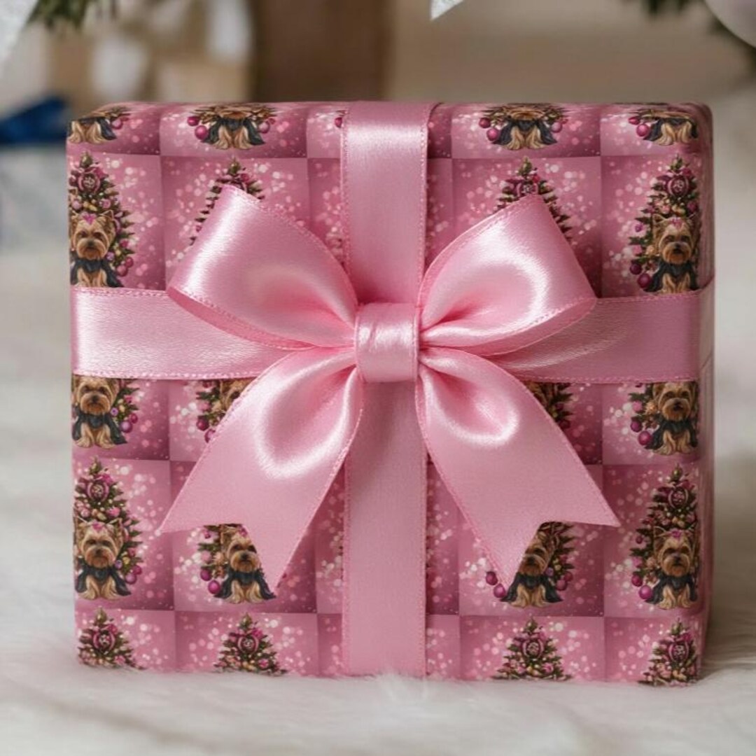Yorkie Wrapping Paper Pink Square Yorkshire Terrier Christmas Wrapping Paper, Yorkie Lover's ...