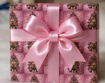 Pink Square Yorkshire Terrier Christmas Wrapping Paper, Yorkie Lover's Gift Wrap