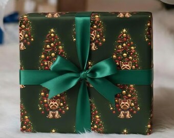 Green Yorkshire Terrier Christmas Wrapping Paper, Yorkie Lover's Gift Wrap