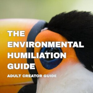 May include: A close-up of a toucan's face with a vibrant yellow beak, orange eye ring, and blue eye. The text on the image reads "THE ENVIRONMENTAL HUMILIATION GUIDE" and "ADULT CREATOR GUIDE".