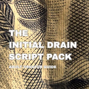 May include: A book cover with the title "THE INITIAL DRAIN SCRIPT PACK" in white, and "ADULT CREATOR GUIDE" below. The background features a textured, patterned design.