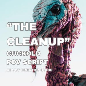 May include: A close-up of a turkey's head and neck, featuring a blue and white head and a red, textured neck. The image includes text that reads "THE CLEANUP" and "CUCKOLD POV SCRIPT ADULT CREATOR GUIDE".