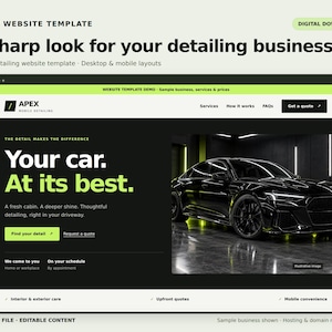 May include: A website template for a mobile detailing business titled APEX. The layout features a black and white colour scheme with lime green accents, displaying the text Your car. At its best. and a photograph of a black car in a garage.