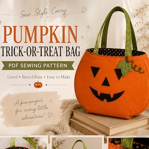 Può includere: Un cartamodello PDF per una borsa porta dolcetti a forma di zucca, arancione con faccia di jack-o'-lantern nera, manici verdi e fodera a pois neri e arancioni. Dimensioni finali: 32 cm di larghezza, 26,5 cm di altezza e 10 cm di profondità.
