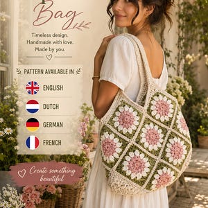 Puede incluir: Un bolso de ganchillo con un patr&oacute;n de cuadrados de la abuela en tonos rosa, blanco y verde salvia. El bolso tiene dos correas para el hombro y est&aacute; hecho de hilo. El texto en la imagen dice: Granny Square Bag, Timeless design, Handmade with love, Made by you, PATTERN AVAILABLE IN ENGLISH, DUTCH, GERMAN, FRENCH, Create something beautiful.