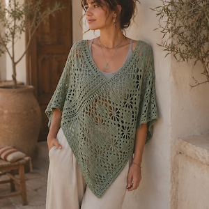 Crochet Poncho Pattern PDF, Boho Floral Lace Poncho, Crossover V Neck Wrap Top, Sizes S/M to XXL/XXXL, Digital Download