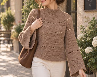 Crochet Sweater Pattern PDF, Cocoa Reverie Bell Sleeve Pullover, Top Down Boho Jumper, Womens Sizes XS-3XL, Digital Download