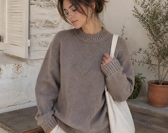 Sweater Knitting Pattern, Top Down Oversized Pullover with Ribbed Crew Neck, DK Weight Jumper, Sizes XS-3XL, Cocoa Haze Sweater
