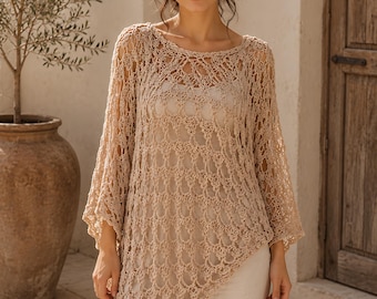 Crochet Poncho Pattern PDF, Boho Asymmetric Poncho Crochet Pattern, Easy Lace Wrap Shawl, Caramel Drape Poncho, Digital Download