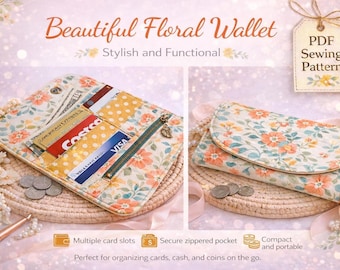 Wallet Sewing Pattern, Zippered Coin Compartment and Six Card Slots