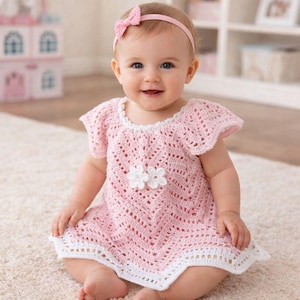 Patroon gehaakte babyjurk (pdf), peuterjurk met chevronsteek, maten 3-36 maanden