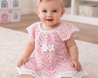 Patrón de vestido de crochet para bebé (PDF), vestido de punto chevron para niña pequeña, tallas 3-36 meses