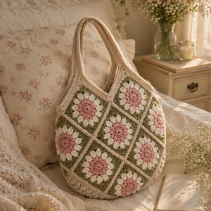 Puede incluir: Un bolso de ganchillo construido con motivos cuadrados que presentan una flor rosa central rodeada de p&eacute;talos blancos y un borde verde salvia. El bolso tiene una forma redondeada con un asa integrada y est&aacute; hecho de hilo color crema.