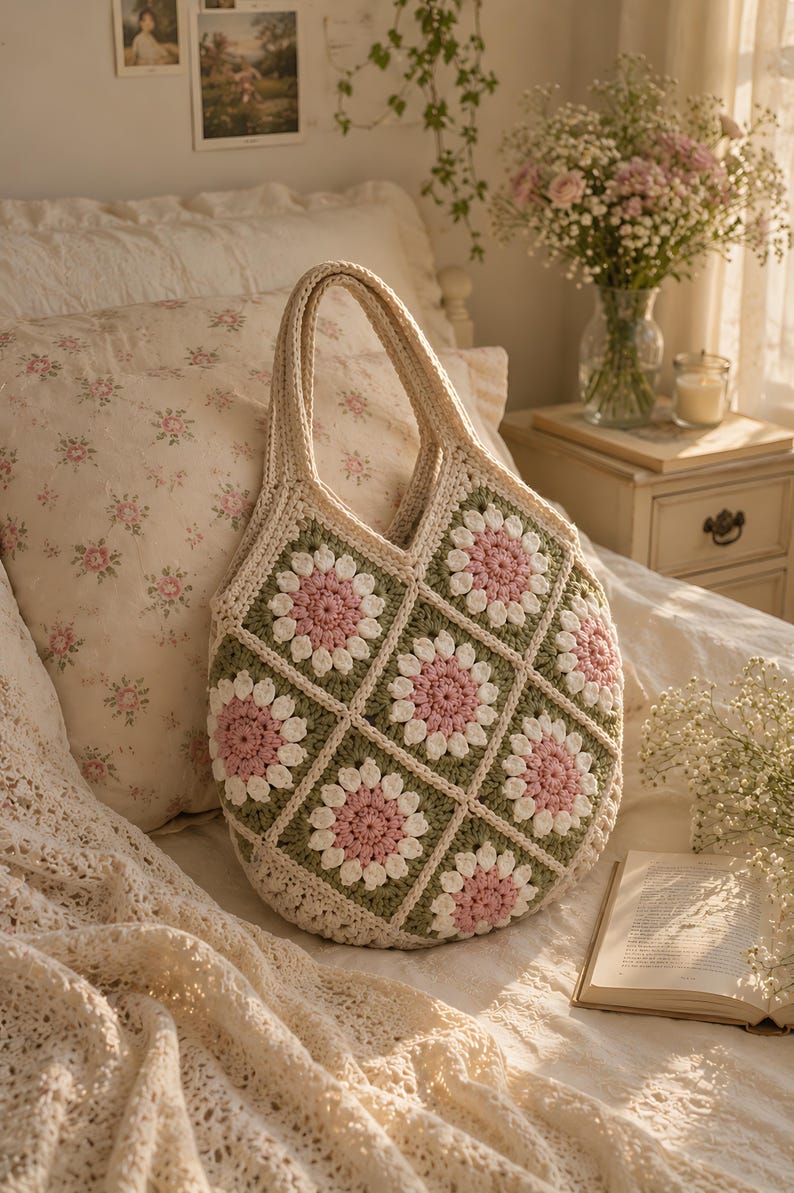 Puede incluir: Un bolso de ganchillo construido con motivos cuadrados que presentan una flor rosa central rodeada de p&eacute;talos blancos y un borde verde salvia. El bolso tiene una forma redondeada con un asa integrada y est&aacute; hecho de hilo color crema.