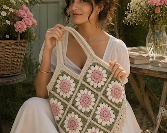 Patrón PDF de bolso de crochet con girasoles: bolso cuadrado de abuela DIY