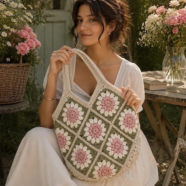 Patrón PDF de bolso de crochet con girasoles: bolso cuadrado de abuela DIY