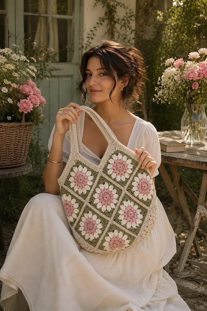 Puede incluir: Un bolso de ganchillo construido con motivos cuadrados que presentan un patr&oacute;n floral. Los cuadrados alternan bordes en verde salvia y crema, cada uno con una flor central rosa con p&eacute;talos blancos. El bolso tiene dos asas integradas.