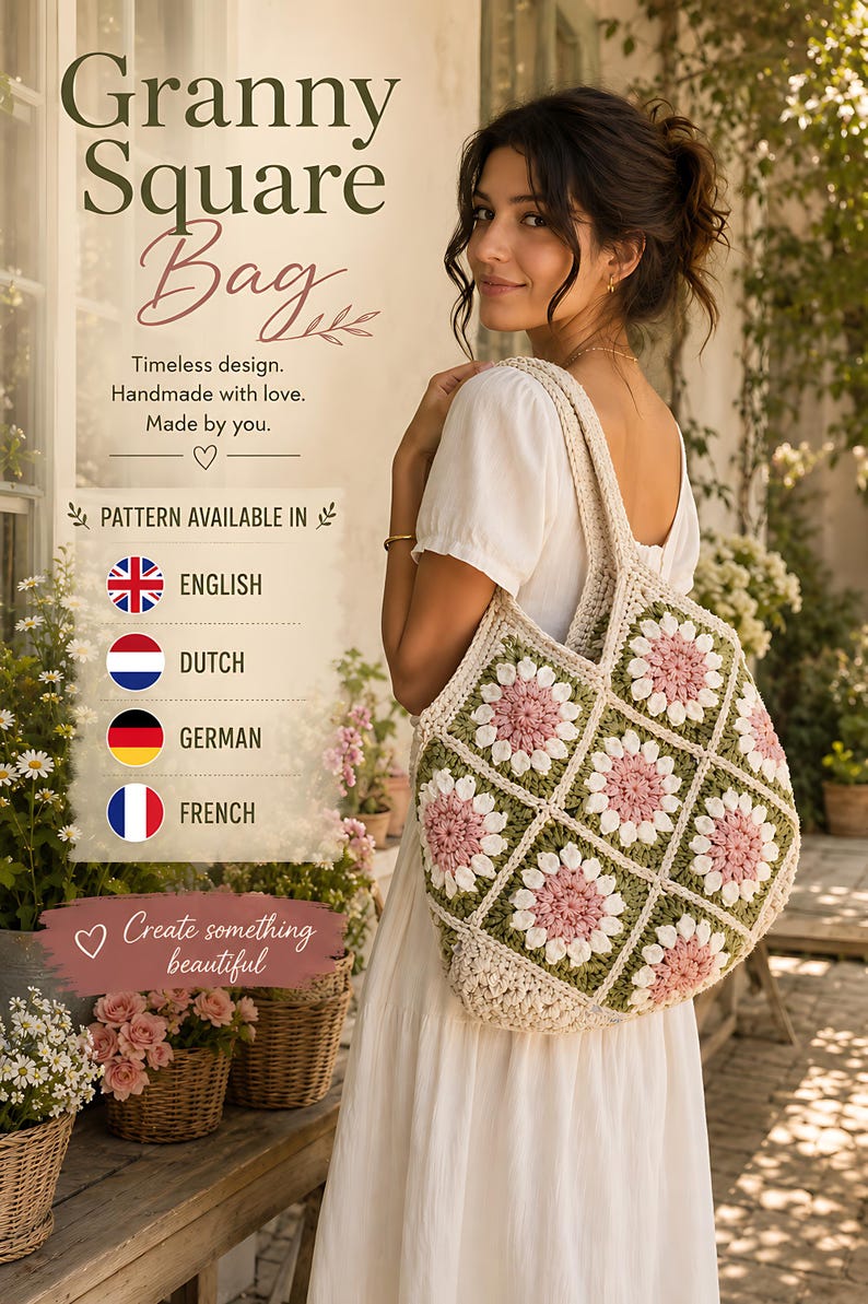 Puede incluir: Un bolso de ganchillo con un patr&oacute;n de cuadrados de la abuela en tonos rosa, blanco y verde salvia. El bolso tiene dos correas para el hombro y est&aacute; hecho de hilo. El texto en la imagen dice: Granny Square Bag, Timeless design, Handmade with love, Made by you, PATTERN AVAILABLE IN ENGLISH, DUTCH, GERMAN, FRENCH, Create something beautiful.