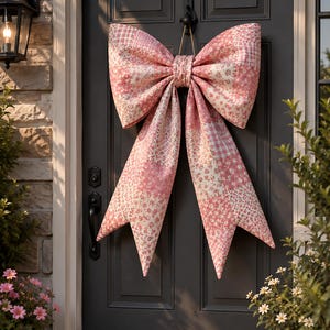 May include: A large decorative bow made of fabric with a patchwork design in various shades of pink and white. The bow features multiple patterns including small floral prints, gingham checks, and solid pink sections, hanging from a dark door.