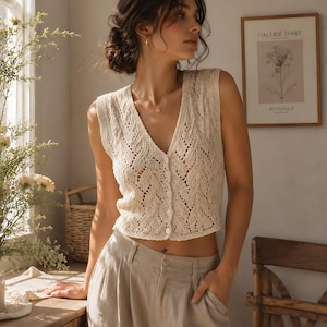 Lace Vest Knitting Pattern, Cropped Button-Up Cotton Vest PDF, Women's Sleeveless Summer Top, Leaf Lace Knit Pattern, Sizes S-XL