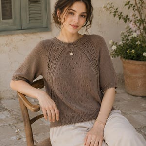 May include: A brown short-sleeved knit jumper featuring a round neckline, raglan sleeves, and a delicate openwork pointelle pattern across the front and shoulders, finished with ribbed trim at the collar, cuffs, and hemline.