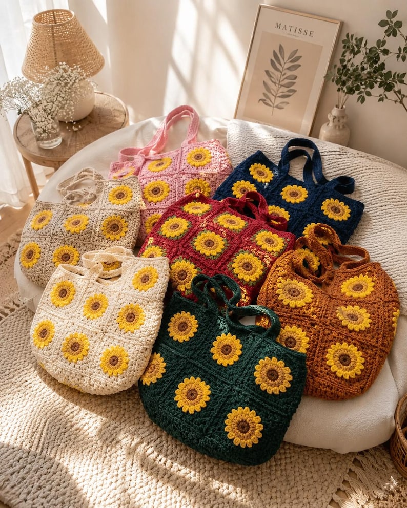 Puede incluir: Una colecci&oacute;n de seis bolsos tote de ganchillo hechos a mano, cada uno con un patr&oacute;n de girasol cuadrado. Los bolsos est&aacute;n disponibles en varios colores, incluyendo crema, rosa, azul oscuro, rojo intenso, verde oscuro y marr&oacute;n con p&eacute;talos amarillos.