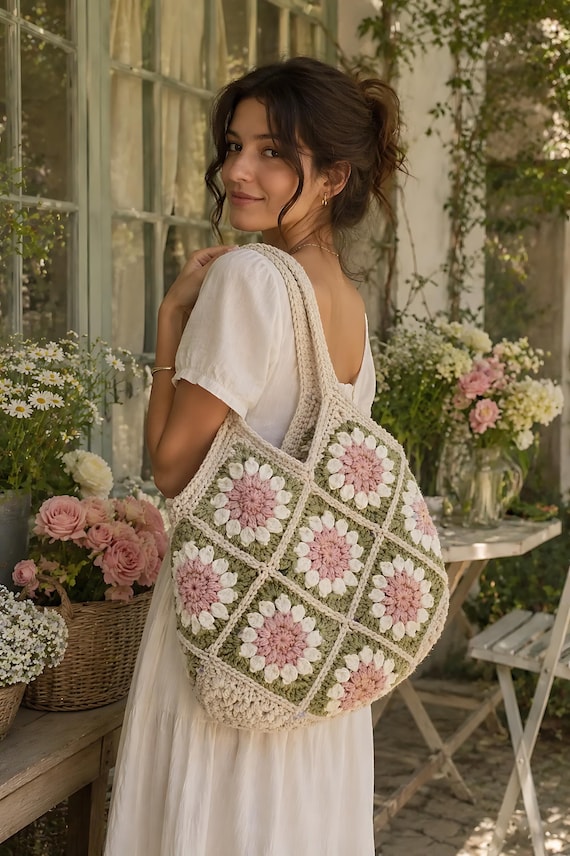 Sunflower Crochet Bag Pattern PDF - DIY Granny Square Tote Purse