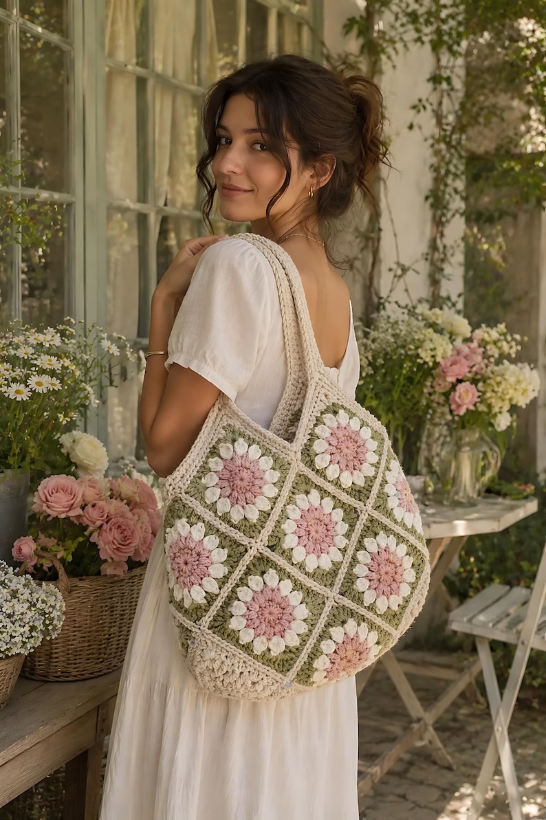 Puede incluir: Un bolso tote de ganchillo construido con motivos cuadrados que presentan un patr&oacute;n floral en tonos rosa empolvado, crema y verde salvia. El bolso tiene dos correas para el hombro y una disposici&oacute;n en forma de diamante de los cuadrados.