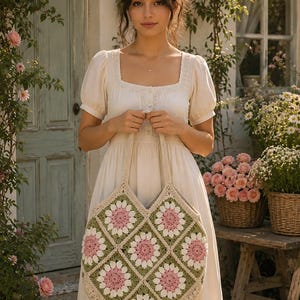 Puede incluir: Un vestido midi de color crema con mangas cortas abullonadas y escote cuadrado, combinado con un bolso tote grande de ganchillo hecho a mano. El bolso presenta un patr&oacute;n repetitivo de motivos cuadrados en tonos rosa suave, verde salvia y blanco.