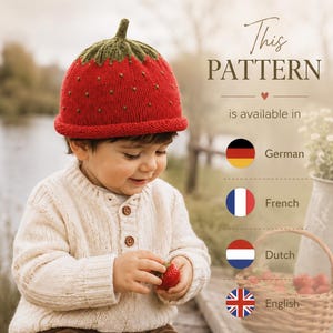 Strawberry Beanie Knitting Hat Pattern PDF, Baby Toddler Kids Hat, Fruit Colorwork Knit Pattern, DK Yarn, DPN Instructions, Digital Download