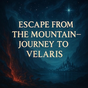 Pode incluir: Ilustração digital com o texto "ESCAPE FROM THE MOUNTAIN - JOURNEY TO VELARIS". A imagem mostra um céu noturno azul escuro, montanhas, um castelo e uma estrela brilhante.