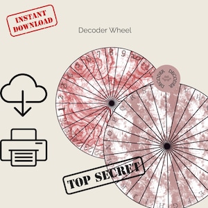 Peut inclure: Graphique de téléchargement numérique avec deux roues de décodage rouges et blanches avec des chiffres et des lettres. Les mots "Decoder Wheel" et "Top Secret" sont visibles. Comprend une icône de téléchargement cloud et d'imprimante, et un tampon "Instant Download".