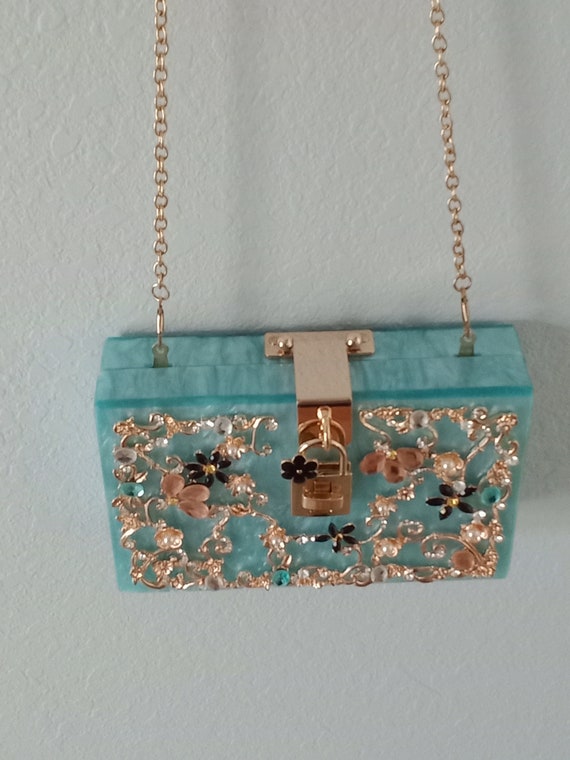 Vintage Lite Blue Pearl  Acrylic Clutch Purse w/ … - image 3