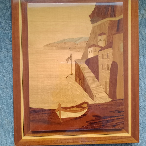 Vintage Wood Inlay Marquetry Wall Art Picture  Seacoast Village Scene 8" x 10"