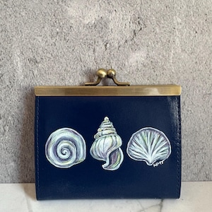 Hand Painted Seashell Wallet / Genuine Leather Coastal Cardholder