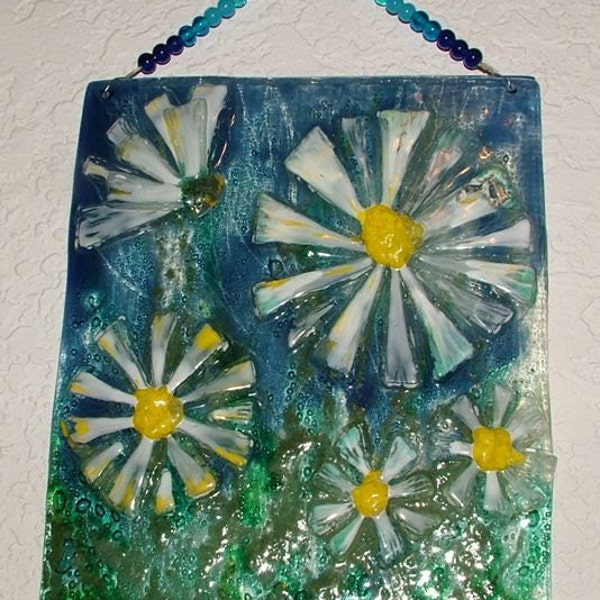 Sunflower - Yellow, White, Green, and Blue Fused Recycled Glass Panel